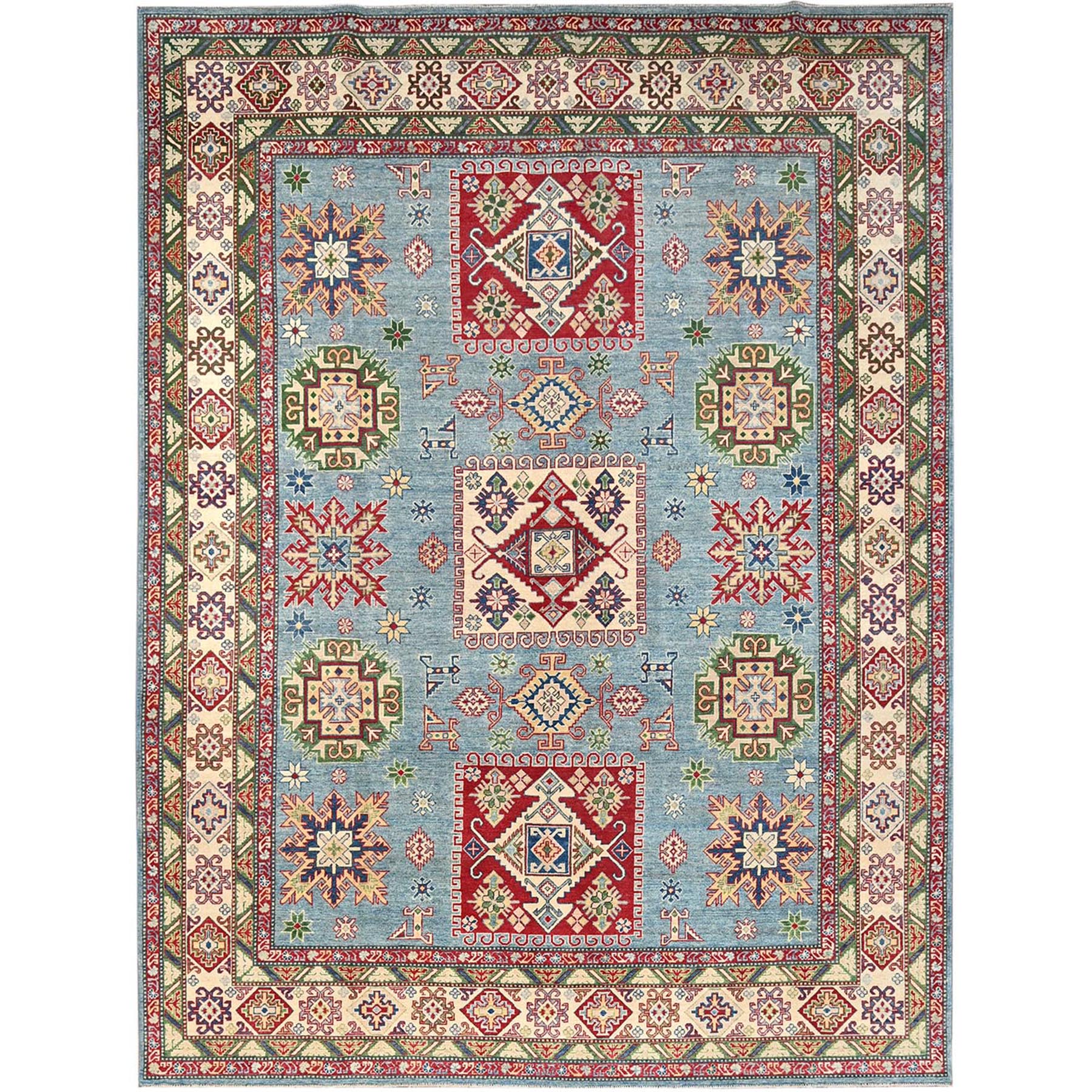Venus Blue With Ivory Border, Tribal Pattern, Vegetable  Dyes With Densely Woven, Hand Knotted Pure Wool Kazak, Oriental Rug 